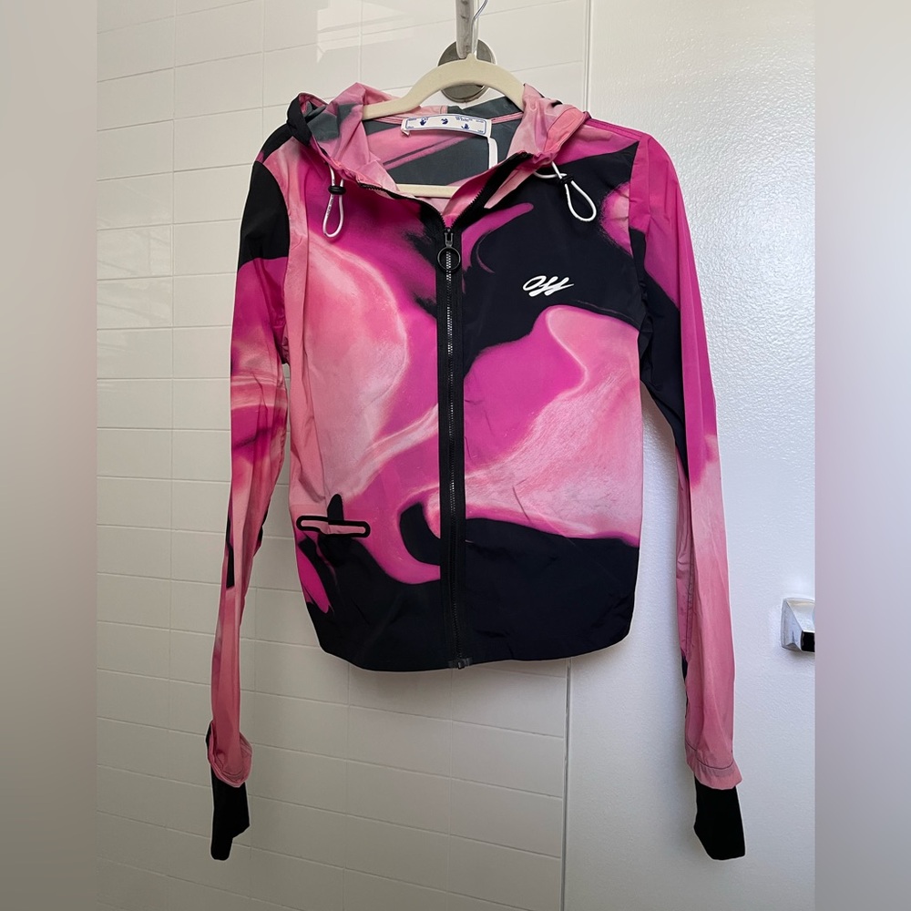 Off-White Pink and Black Abstract Rain Jacket